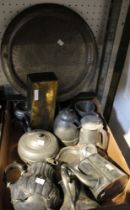 A box of metal wares, pewter, etc