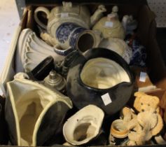 A box containing a wide selection of ceramic wares including character jugs etc