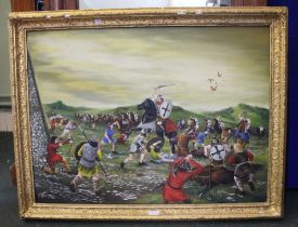 A large naïve oil on canvas of a historical battle scene in gilt frame