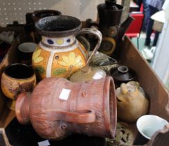 A tray box containing a selection of mid century ceramic wares, a wooden duck etc