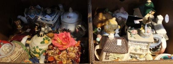 Two boxes containing a selection of novelty tea pots including Sadler examples