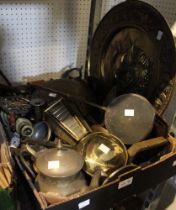 A tray box containing a wide selection of metal wares, brass and copper etc