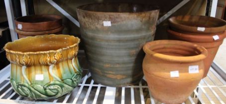 A shelf containing a selection of terracotta and glazed pot planters
