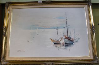 Original oil on canvas of fishing trawler in gilt frame signed