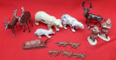 A J Hill and Co painted die cast Polar Bear, other bears, deer, dog sled team and two Inuit