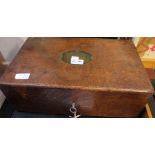 A 19th century oak work box with key, containing a selection of varied collectable items