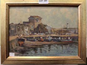 John Neale "Mevagissey Harbour" oil painting on board, signed 19cm x 27cm, gilt framed