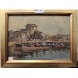 John Neale "Mevagissey Harbour" oil painting on board, signed 19cm x 27cm, gilt framed