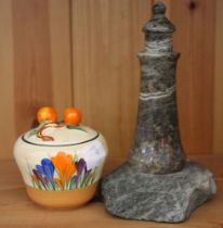 Clarice Cliff crocus pattern marmalade pot together with a soapstone lighthouse ornament