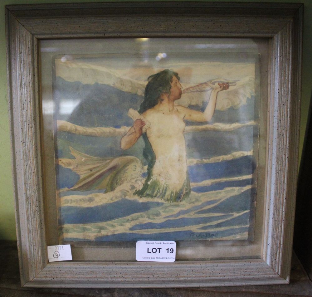A watercolour painting of a mermaid, blowing a conch shell, inscribed R A Bell bottom right, 17cm x