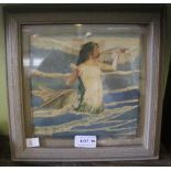 A watercolour painting of a mermaid, blowing a conch shell, inscribed R A Bell bottom right, 17cm x