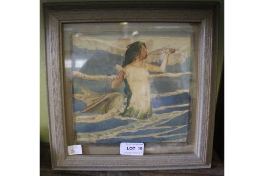 A watercolour painting of a mermaid, blowing a conch shell, inscribed R A Bell bottom right, 17cm x - Image 1 of 2