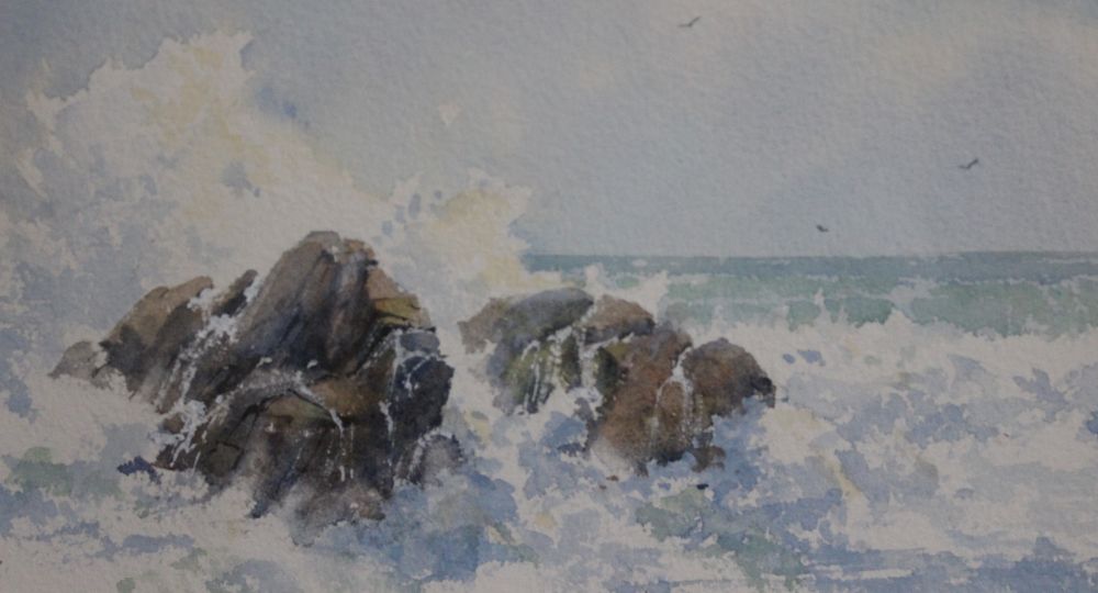 David Rust (c.1940) "Incoming Tide", Cornwall, watercolour, signed, 13cm x 26cm (David Rust, Cornish - Image 2 of 4