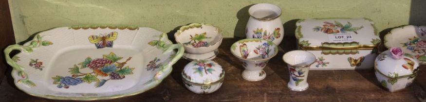 A collection of nine porcelain "Herend" items in Victoria pattern, includes a two handled serving pl