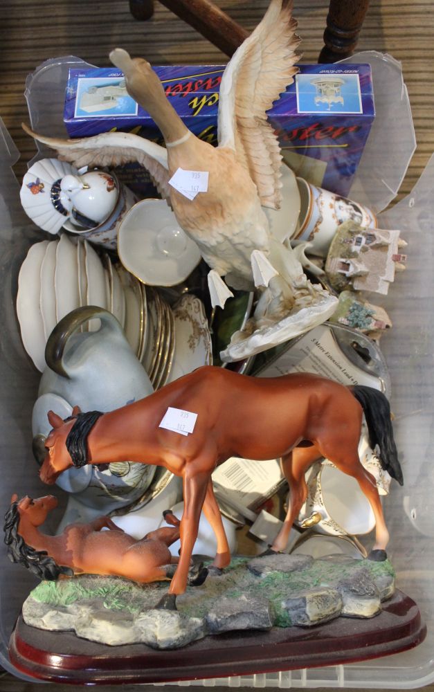 A crate containing cups, saucers, porcelain ornaments, large flying goose & horse/foal example