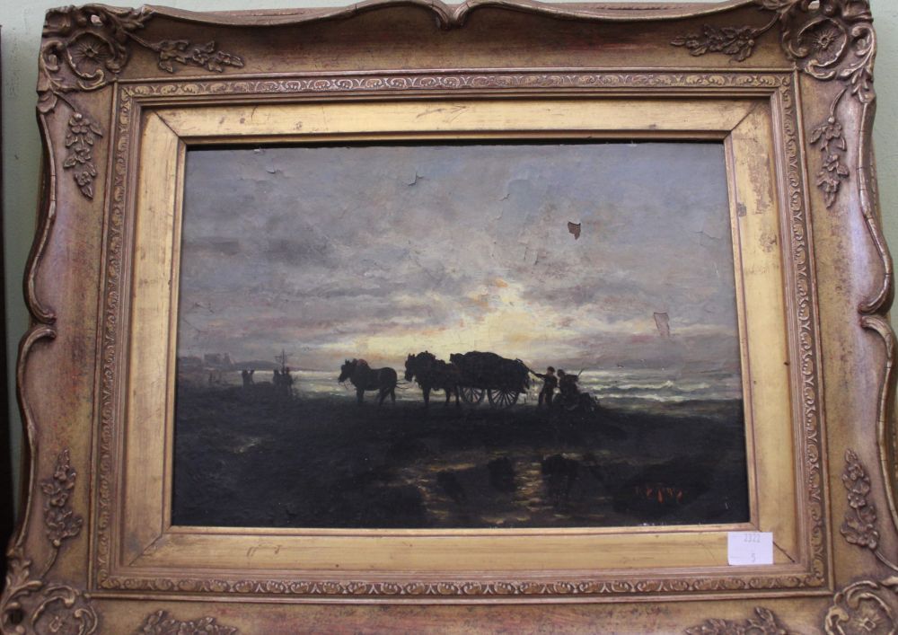 Jones, an early 20th century European school "Seaweed gathering", coastal scene with horse drawn car - Image 5 of 8