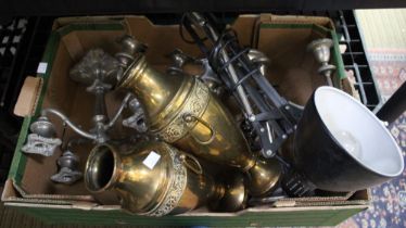 Box of metalwares, brass, candelabras