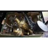 Box of metalwares, brass, candelabras