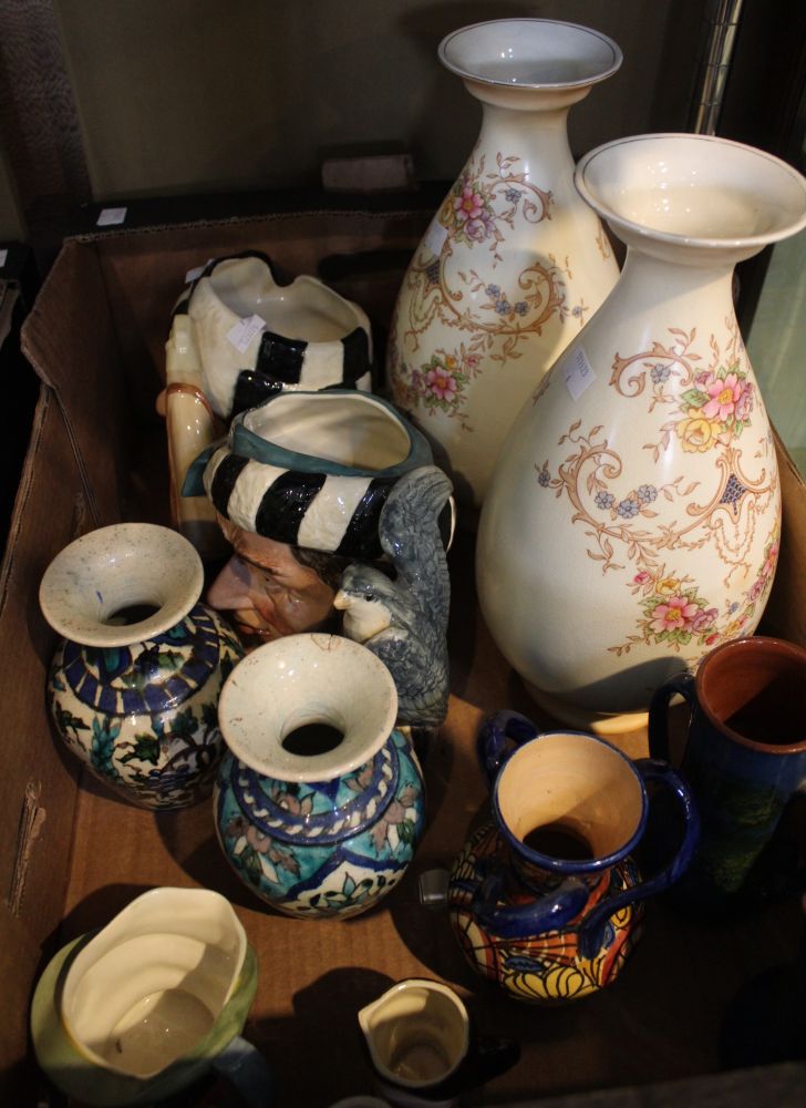 A box containing Iznik pottery, vases, a pair of vases, character jugs, etc.