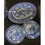 A quantity of blue and white transfer decorated wares, including a meat dish, "Pompadour" pattern, t