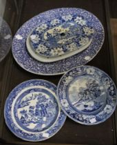 A quantity of blue and white transfer decorated wares, including a meat dish, "Pompadour" pattern, t