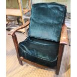 Small oak bergere backed bedroom armchair with green velour pad & back