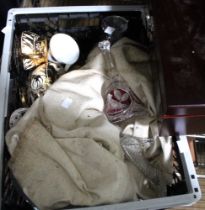 A crate containing glasses, glass ornaments, porcelain items & a box containing bottle openers