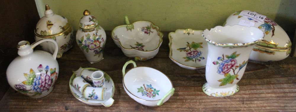 A collection of nine porcelain "Herend" items in Victoria pattern, includes an ovoid lidded box, two