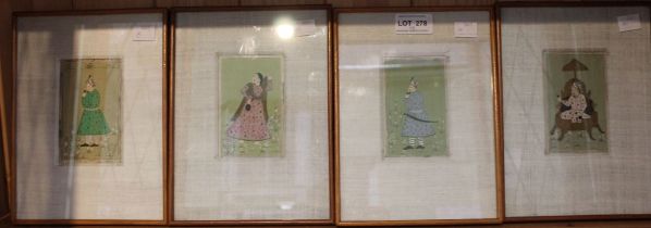 A set of four Indian Moghul style watercolours of courtly figures, 10cm x 6cm, framed