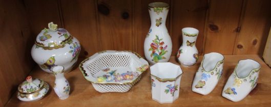 A collection of nine porcelain "Herend" items in Victoria pattern, includes a vase 15cm high, a hexa