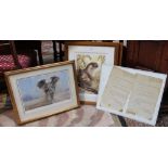 Three framed limited edition animal prints, together with a framed naval letter