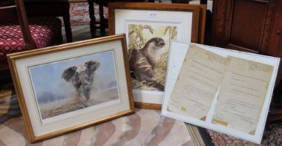 Three framed limited edition animal prints, together with a framed naval letter