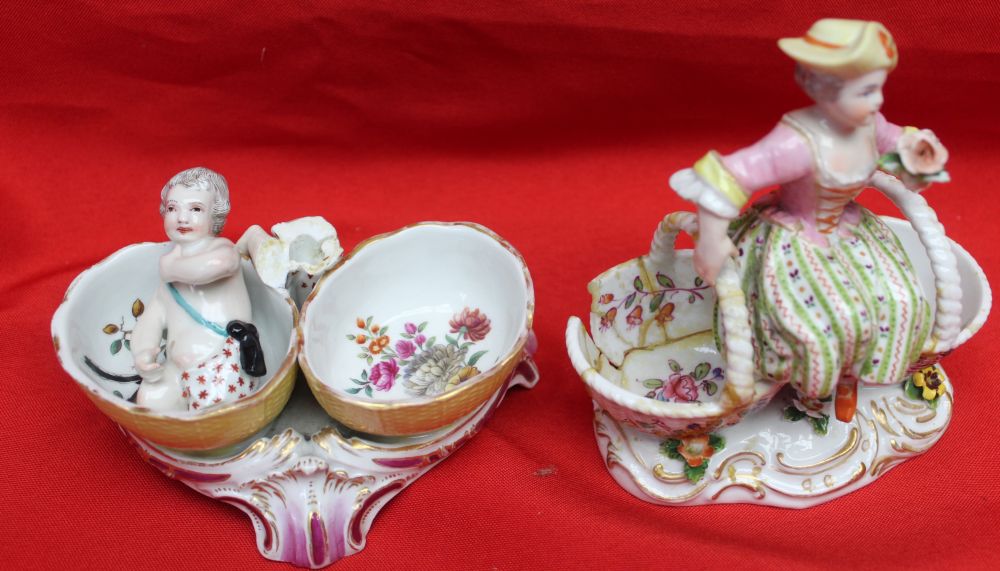 Four 19th century porcelain salts, including a pair of Meissen ones, modelled as figures sat upon ba - Image 4 of 4