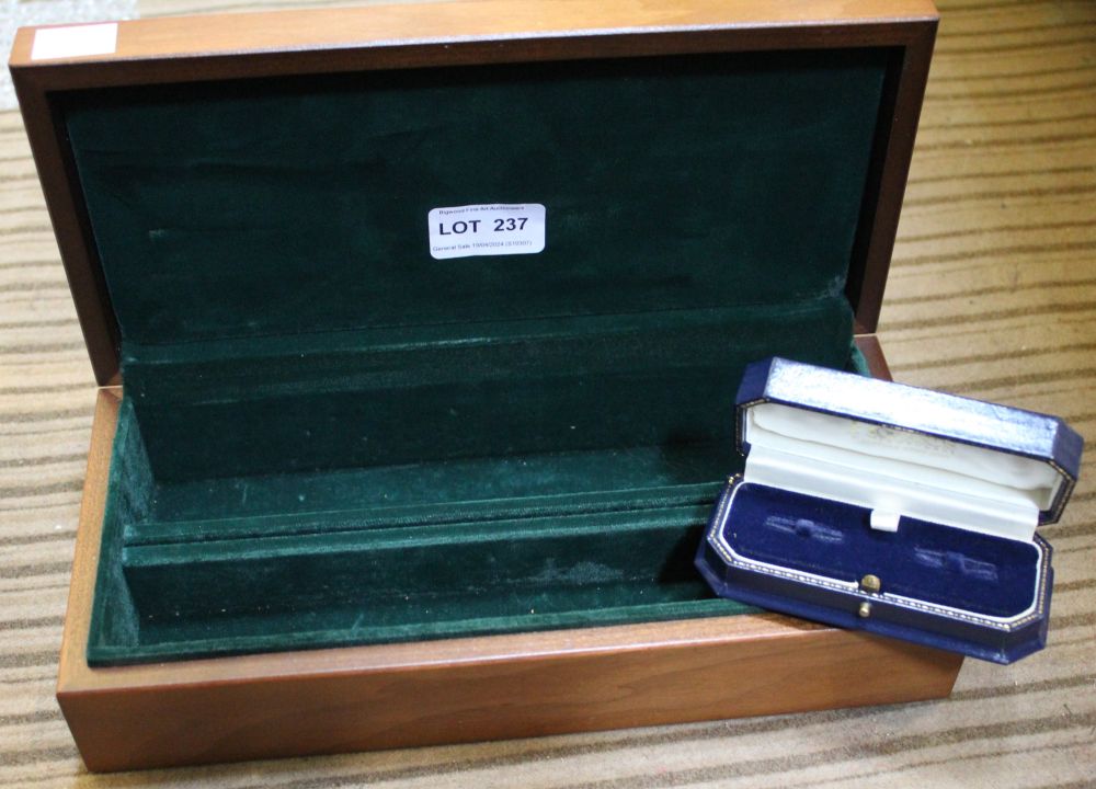 A burr wood veneer and inlaid jewellery box, green fabric interior, 27cm wide together with a small