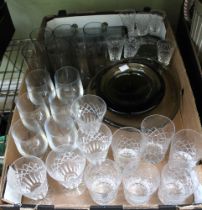 A smoked glass lemonade set (jug and six tumblers) three studio glass bowls cut glass tumblers, stem