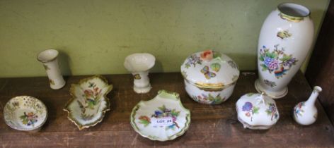 A collection of nine porcelain "Herend" items in Victoria pattern, includes a vase 18cm high, a lidd