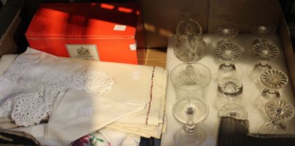 A box containing a selection of glassware two Royal Briley items cut glass etc