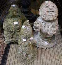 Three cast stone statues, two gnomes and a Buddha