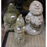 Three cast stone statues, two gnomes and a Buddha