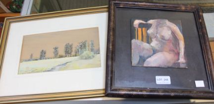 Pat Carpenter "Sitting Nude", oil on board 15cm square, framed, together with a watercolour painting