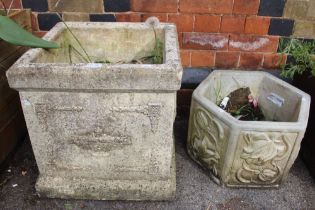 A substantial square cast garden planter, together with a hexagonal planter