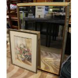 Two large gilt mirrors together with a watercolour picture of flowers