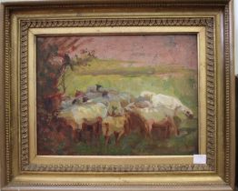 20th century European school, "Sheep in the shade", oil painting on board, 22cm x 29cm, gilt framed