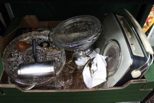 Box containing glassware, radio, bits of silver ware