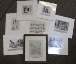 A collection of eight pen and ink drawn cartoons, monogrammed "N S" mounted with inscriptions, vario