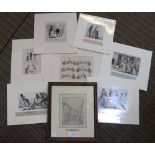 A collection of eight pen and ink drawn cartoons, monogrammed "N S" mounted with inscriptions, vario