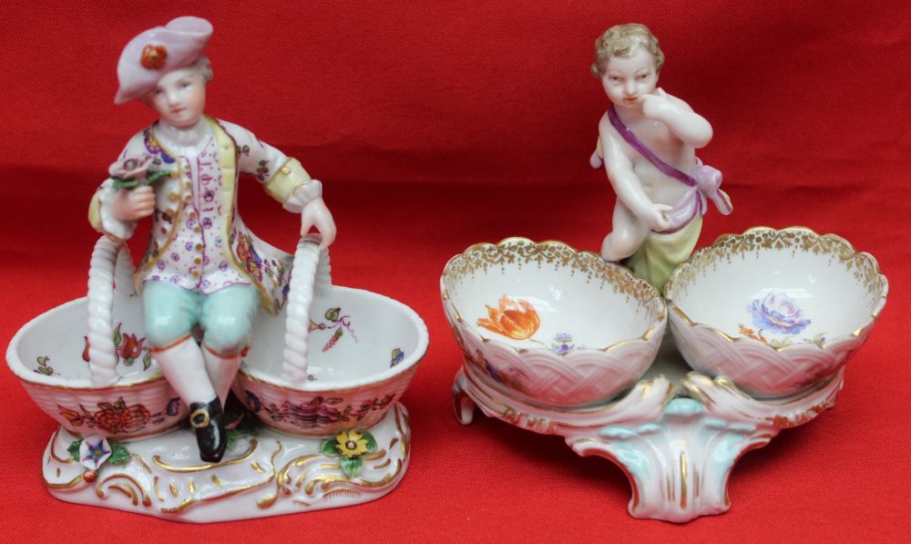 Four 19th century porcelain salts, including a pair of Meissen ones, modelled as figures sat upon ba - Image 3 of 4