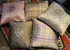 Five newly made & unused cushions 35cm x 35cm in James Brindley silk 'Opulence Flow', 'Mandalay Chec