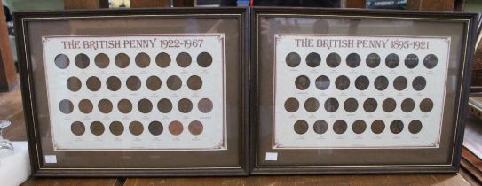 A collection of used GB one penny coins, from 1895-1967, arranged in two frames with printed mounts