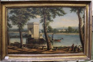 Marshal Claxton, "Thames View" a19th century naive oil painting on canvas, featuring a steam boat bo